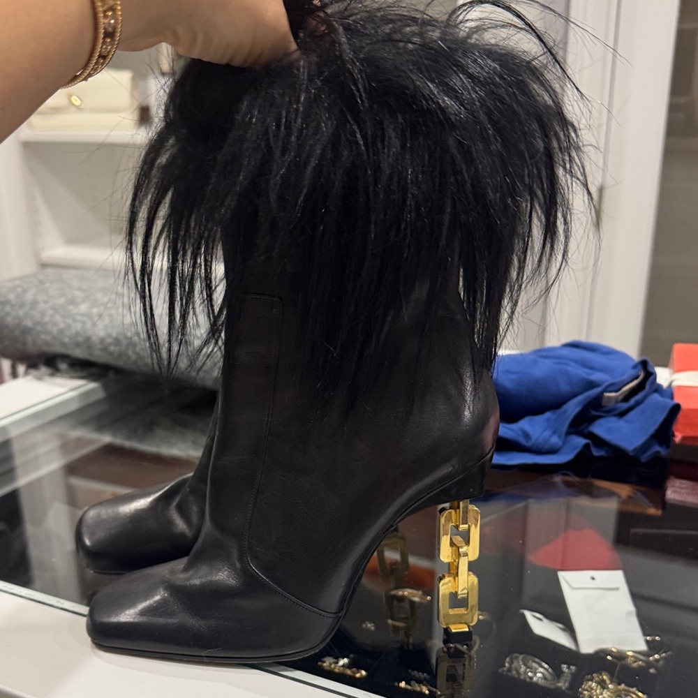 Charles Jourdan Black Boots with Gold Chain Heel